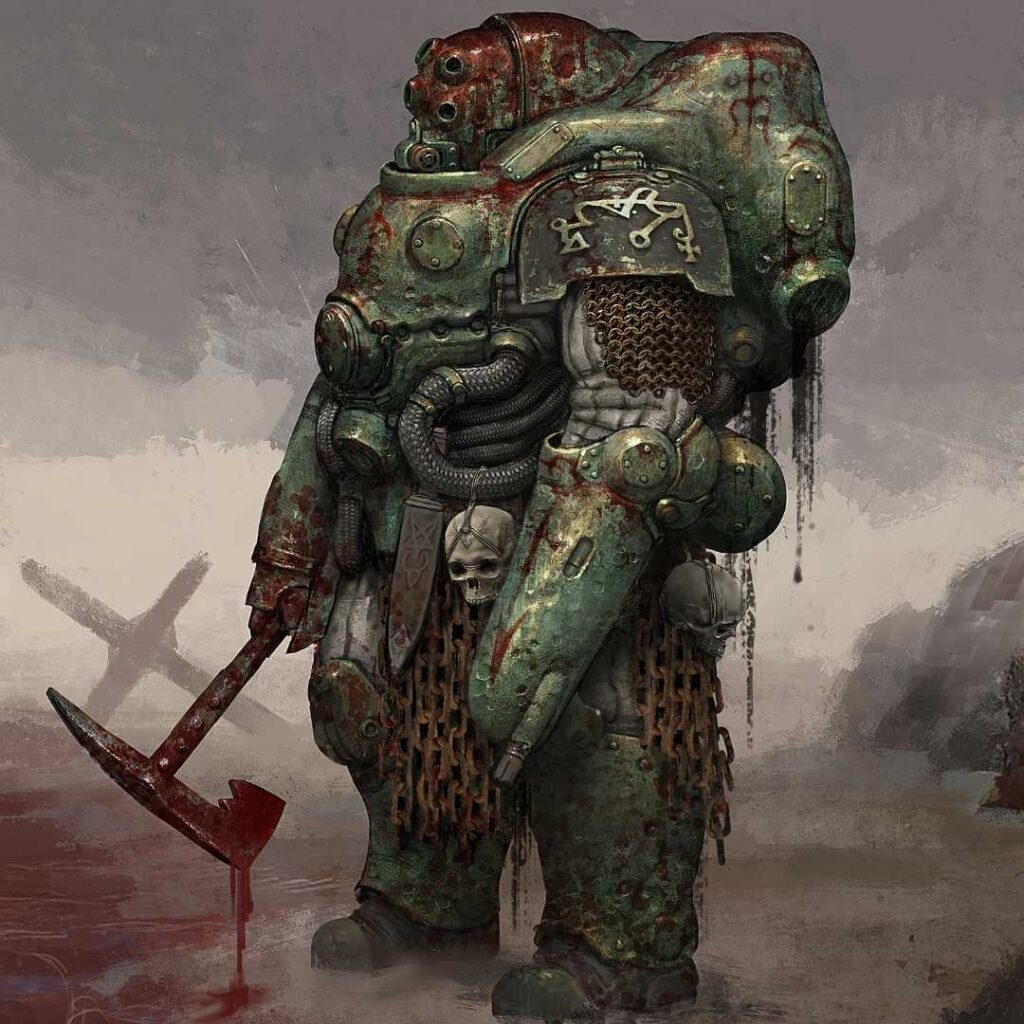 A terrifying warrior bearing demonic armour in the style of a diving suit. They are heavily spattered with gore and carry an axe.