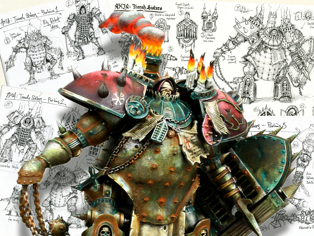 A photo of Axia's take on the Anchorite Shrine, painted to a professional standard. It stands in front of a backdrop of hand-drawn concept art depicting the early ideas for the model's sculpt.