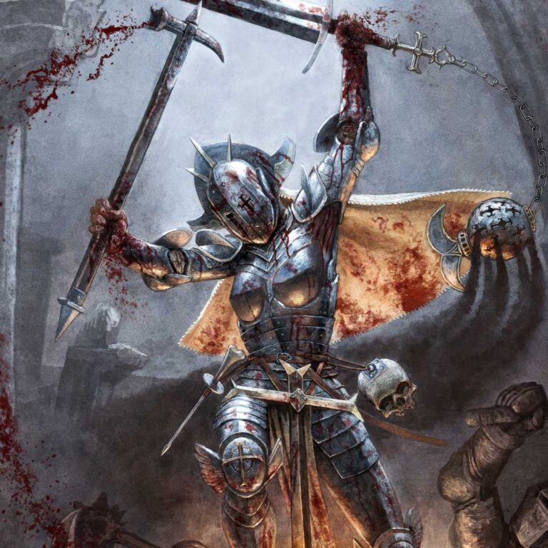 A stigmatic nun in full armor, armed with a sword and axe, leaping through a crowd of heretic soldiers, blood spraying from stigmata in her hands and feet.