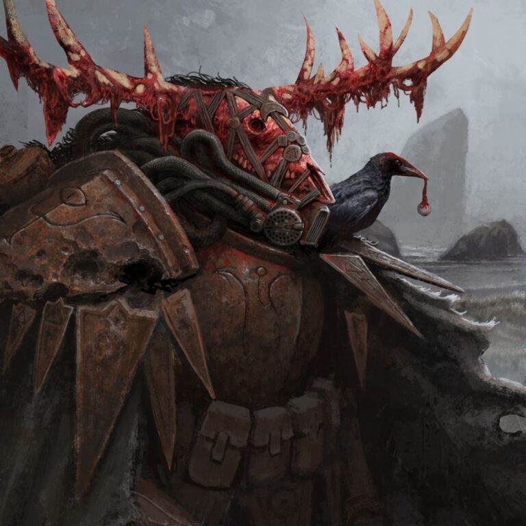 A grim, armored figure with a skull mask and bloody antlers. A crow on its shoulder holds an eyeball.